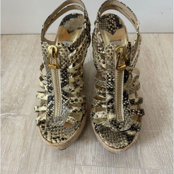 Jimmy Choo Two Tone Embossed Snakeskin Zip Detail Strappy Espadrille Wedge Sz 39 - Picture 2 of 11